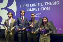Photographed are the winners of the 2025 Three Minute Thesis CompetitionL-R : Marc Koerschner, Kristian Lockyear, Tawfik Hussein, and Sakshi Sharma.&nbsp;